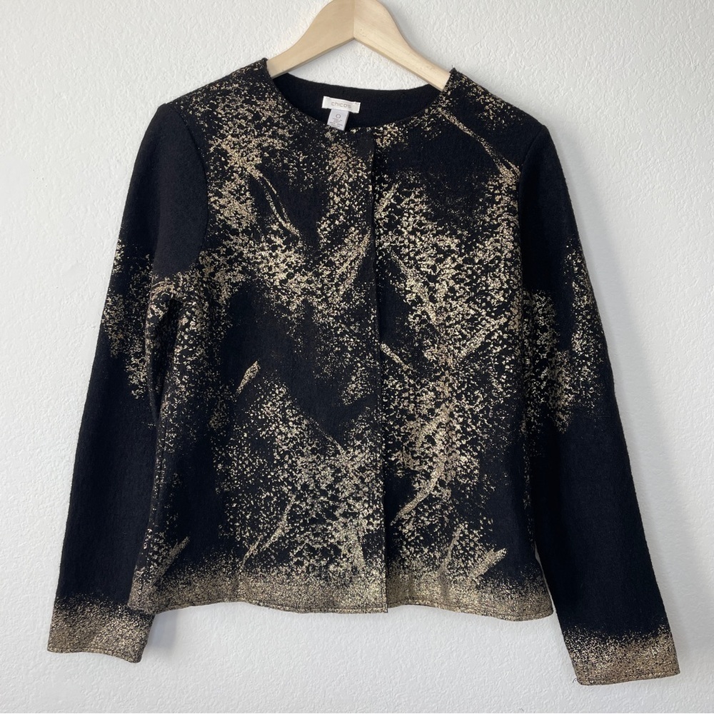 Chico's Black and Gold 100% Wool Snap Button Closure Blazer